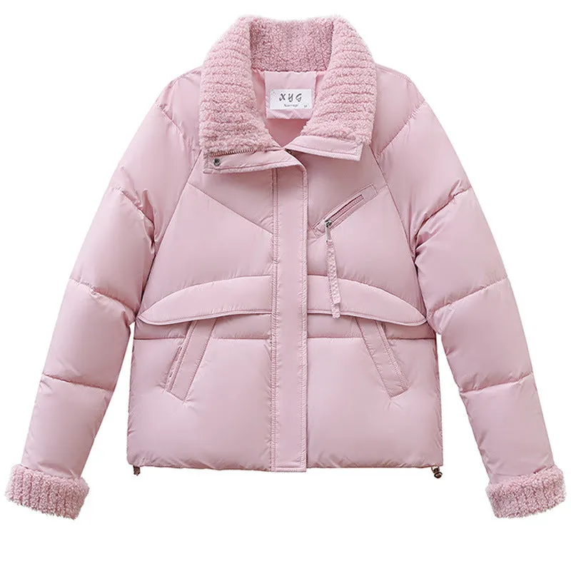Cozy Short Puffer Jacket Featuring Knit Sleeves and a Unique Collar