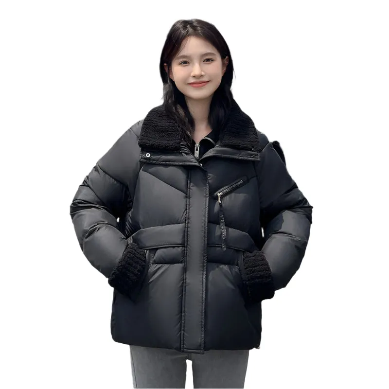 Cozy Short Puffer Jacket Featuring Knit Sleeves and a Unique Collar