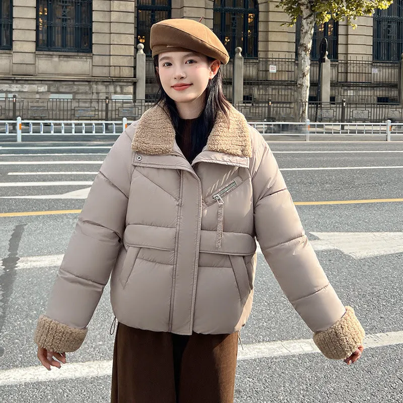 Cozy Short Puffer Jacket Featuring Knit Sleeves and a Unique Collar
