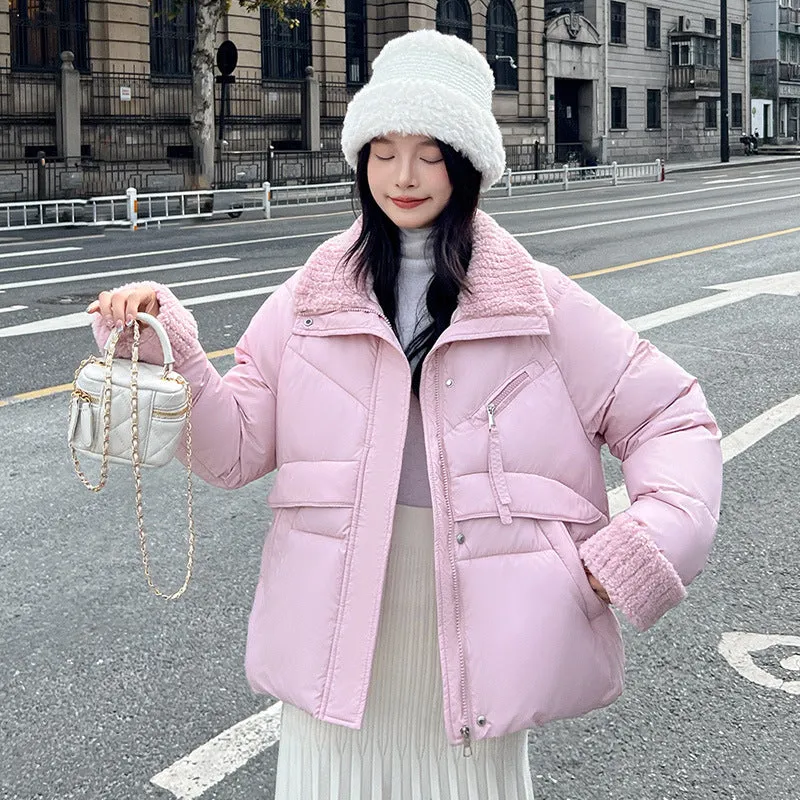 Cozy Short Puffer Jacket Featuring Knit Sleeves and a Unique Collar