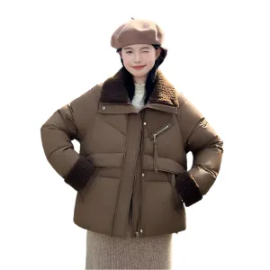 Cozy Short Puffer Jacket Featuring Knit Sleeves and a Unique Collar