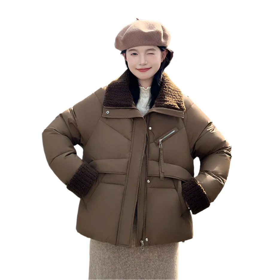 Cozy Short Puffer Jacket Featuring Knit Sleeves and a Unique Collar