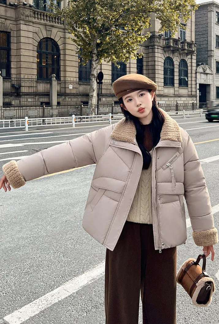 Cozy Short Puffer Jacket Featuring Knit Sleeves and a Unique Collar