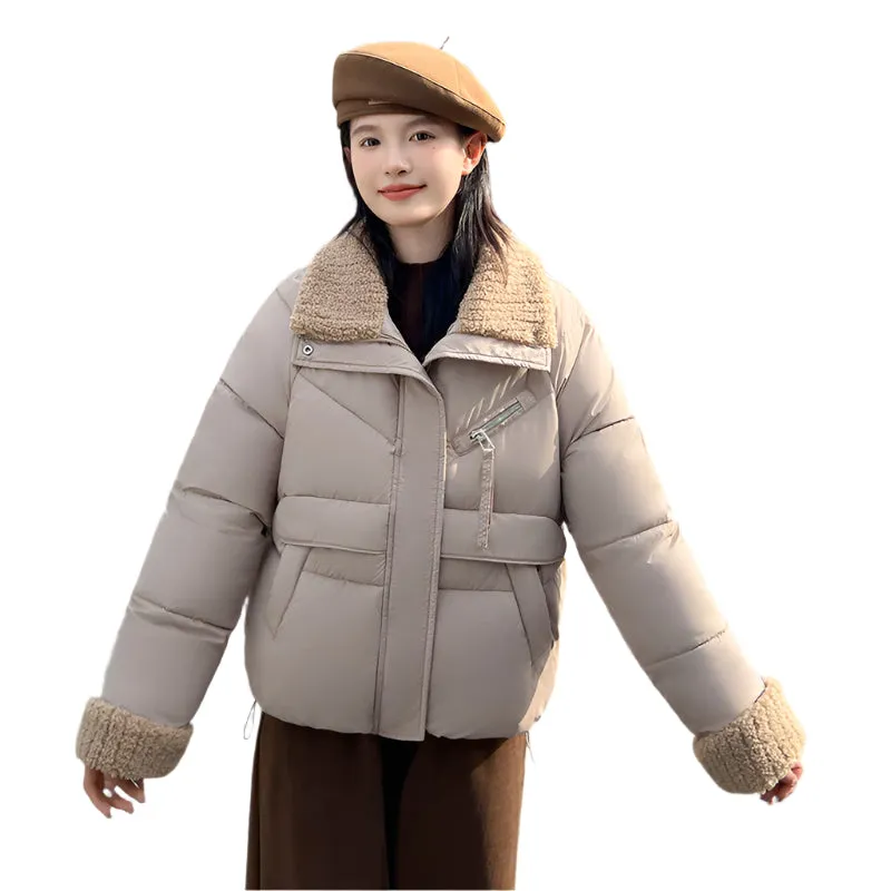 Cozy Short Puffer Jacket Featuring Knit Sleeves and a Unique Collar