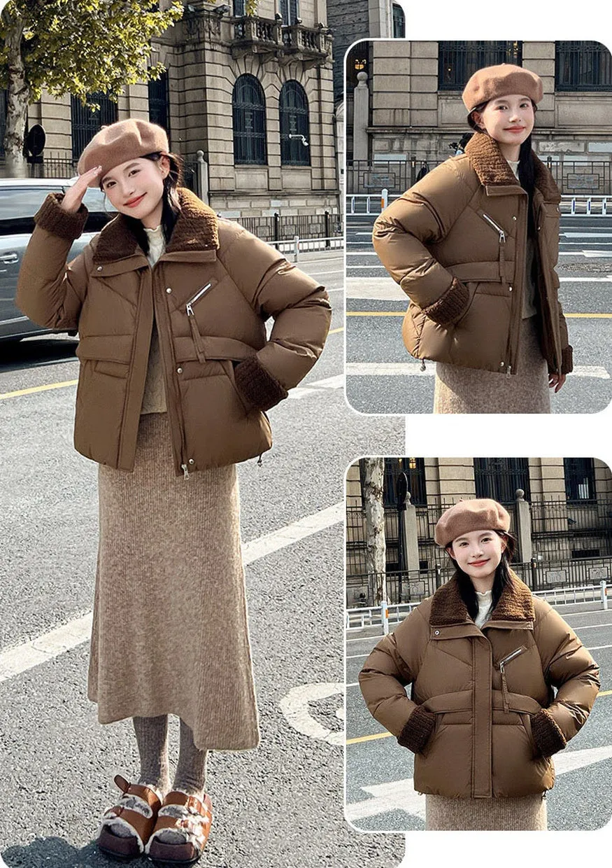 Cozy Short Puffer Jacket Featuring Knit Sleeves and a Unique Collar