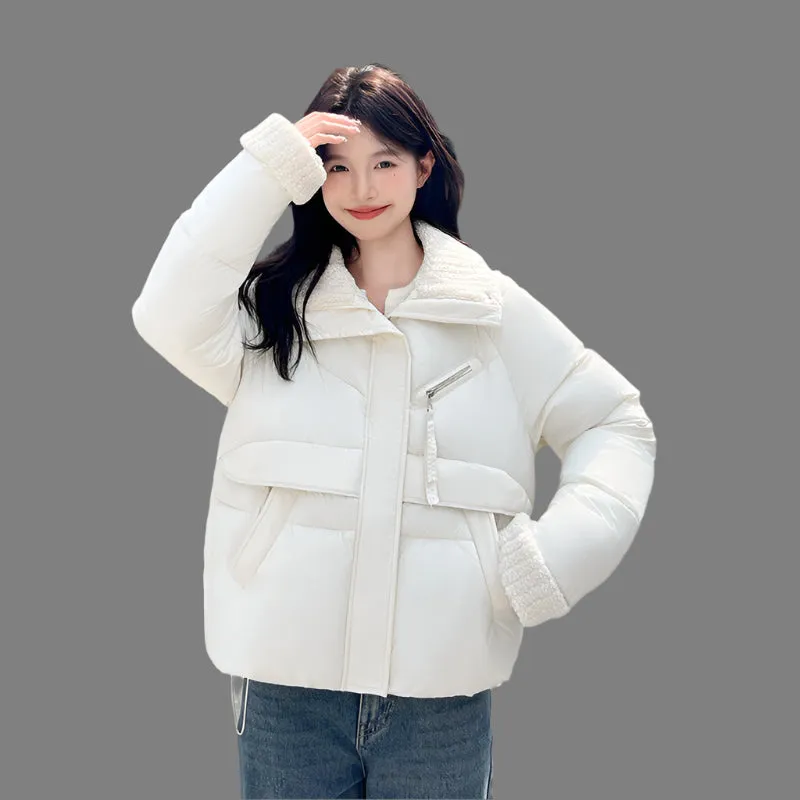 Cozy Short Puffer Jacket Featuring Knit Sleeves and a Unique Collar