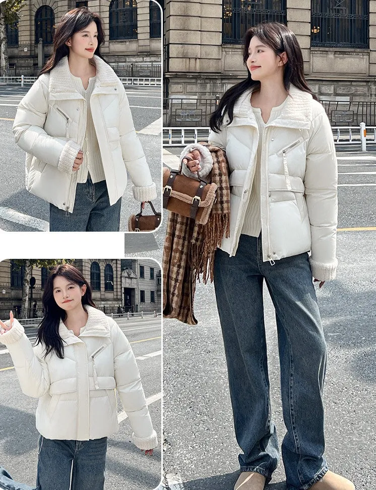 Cozy Short Puffer Jacket Featuring Knit Sleeves and a Unique Collar