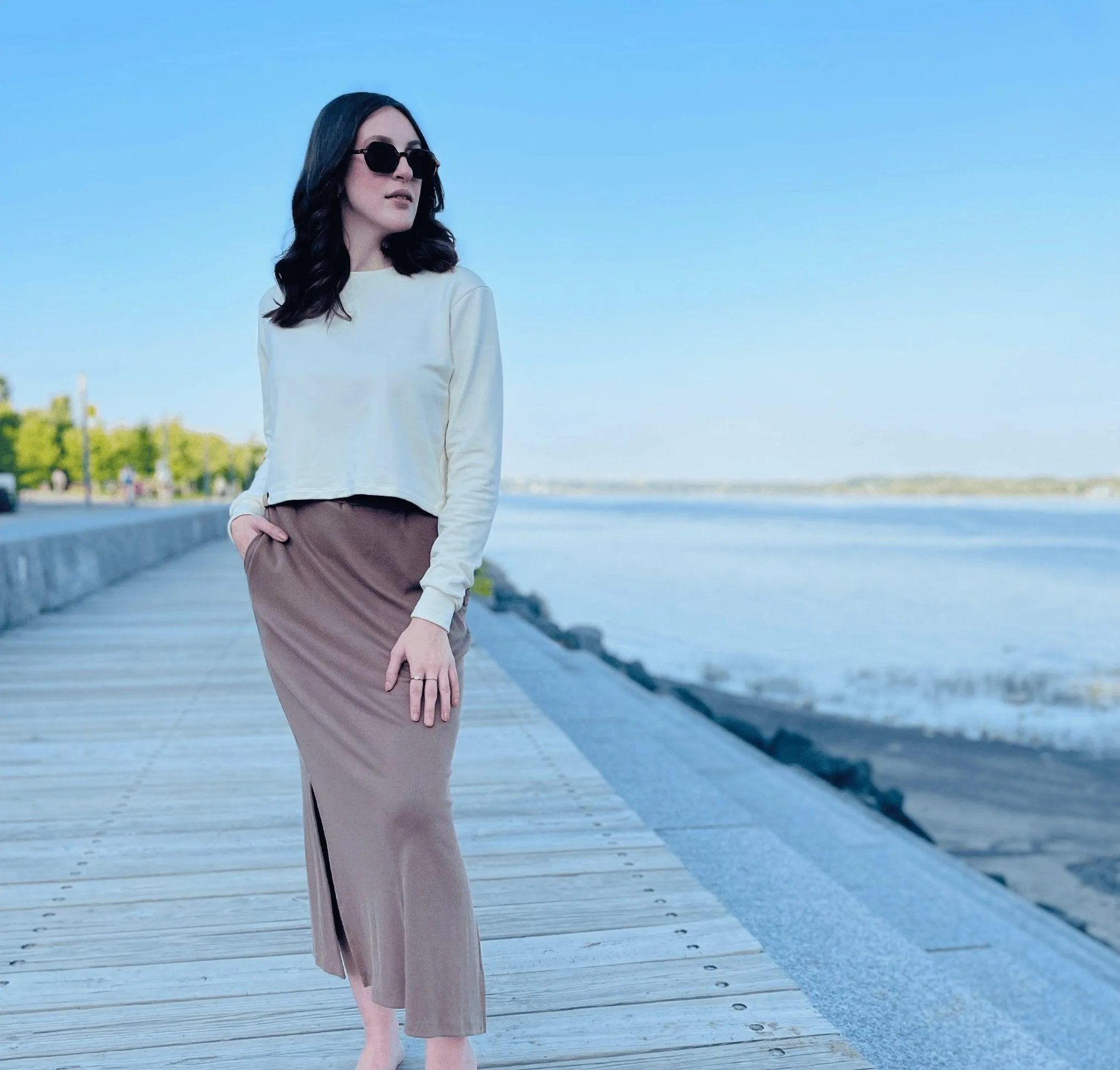 Crop top manches longues bambou fleece «Ivoire»