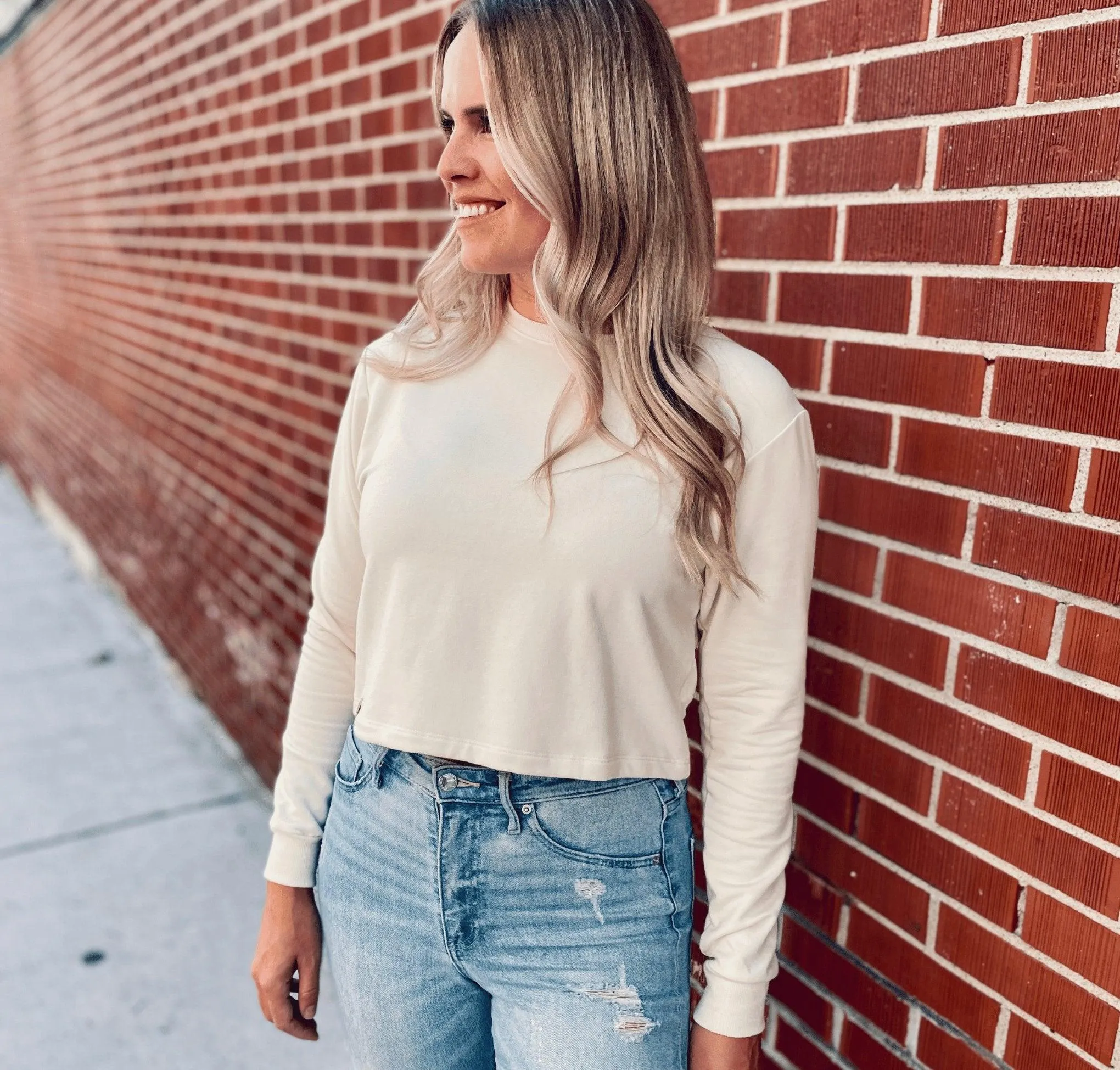 Crop top manches longues bambou fleece «Ivoire»