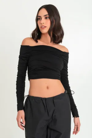 Crop top plisado manga larga con abertura