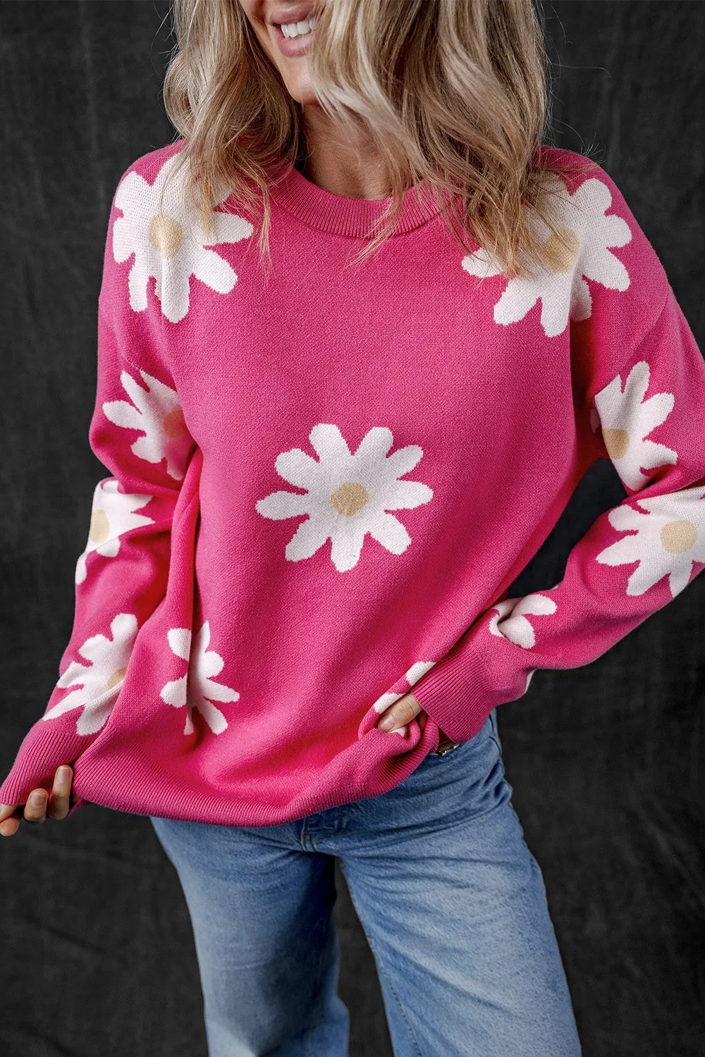 Daisy Round Neck Dropped Shoulder Sweater