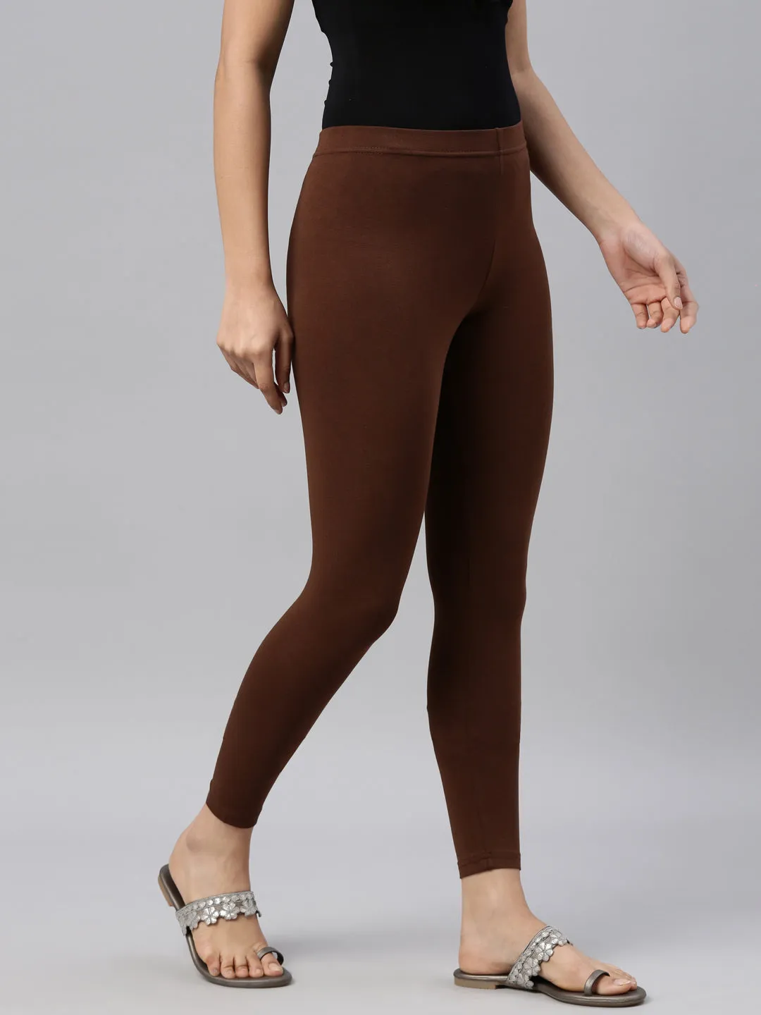 Dark Brown Cotton Stretch Ankle Length Leggings