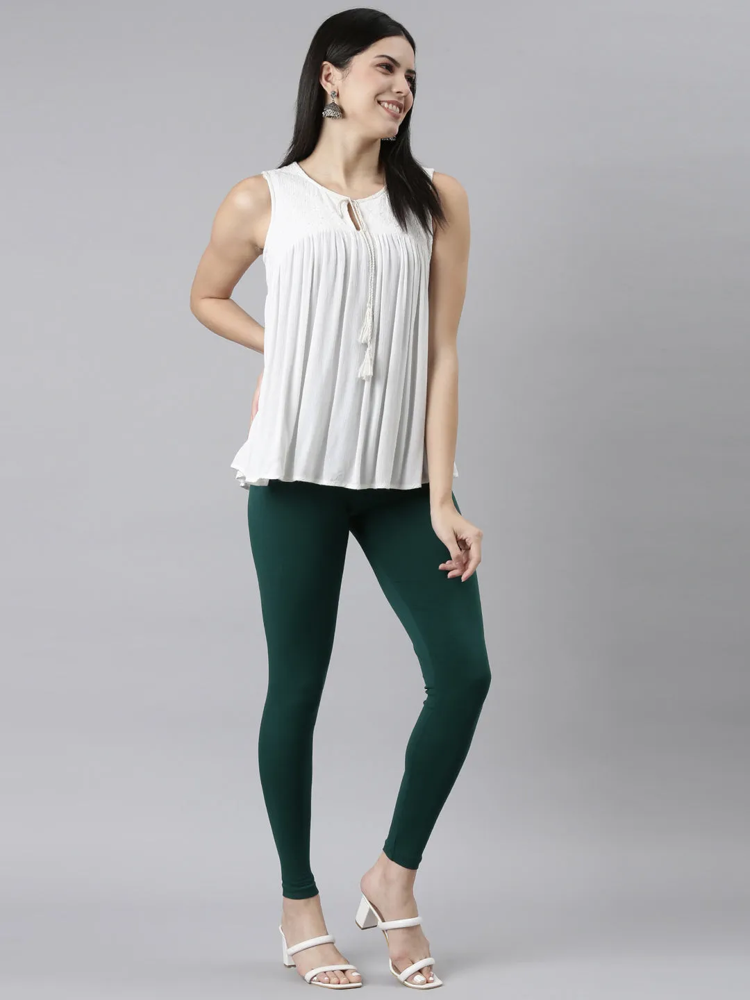 Dark Green Cotton Stretch Ankle Length Leggings