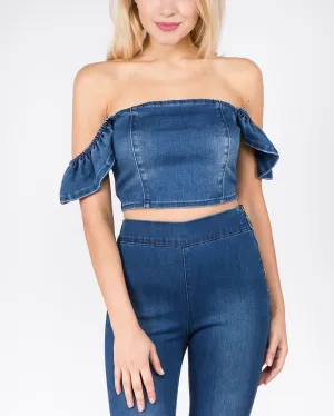 Denim Dark Wash Flutter Sleeve Off The Shoulder Crop Top