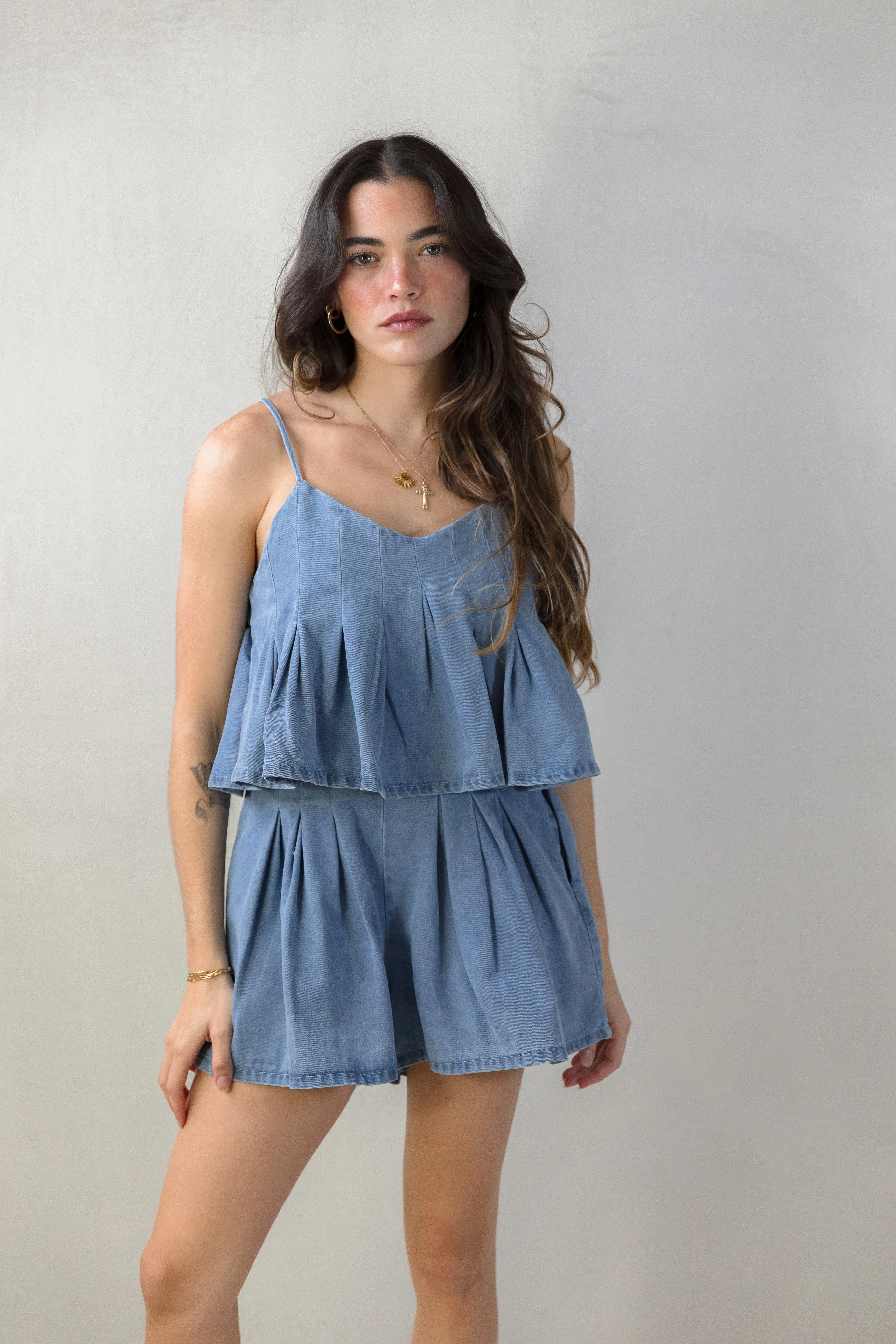Denim Pleated Set