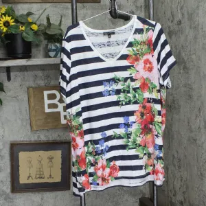 DG2 by Diane Gilman Burnout Embellished T-Shirt Tee Blue / White Stripe 2X