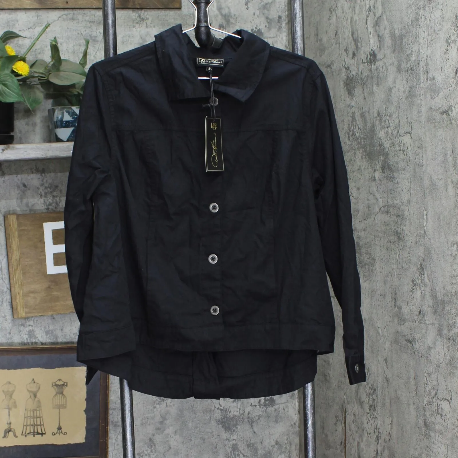 DG2 by Diane Gilman Womens Button Up Long Sleeve Shirt Jacket Black L