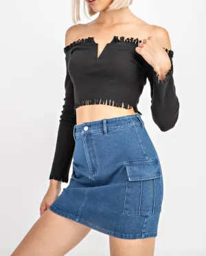 Distressed Off The Shoulder Ribbed Long Sleeve Crop Top
