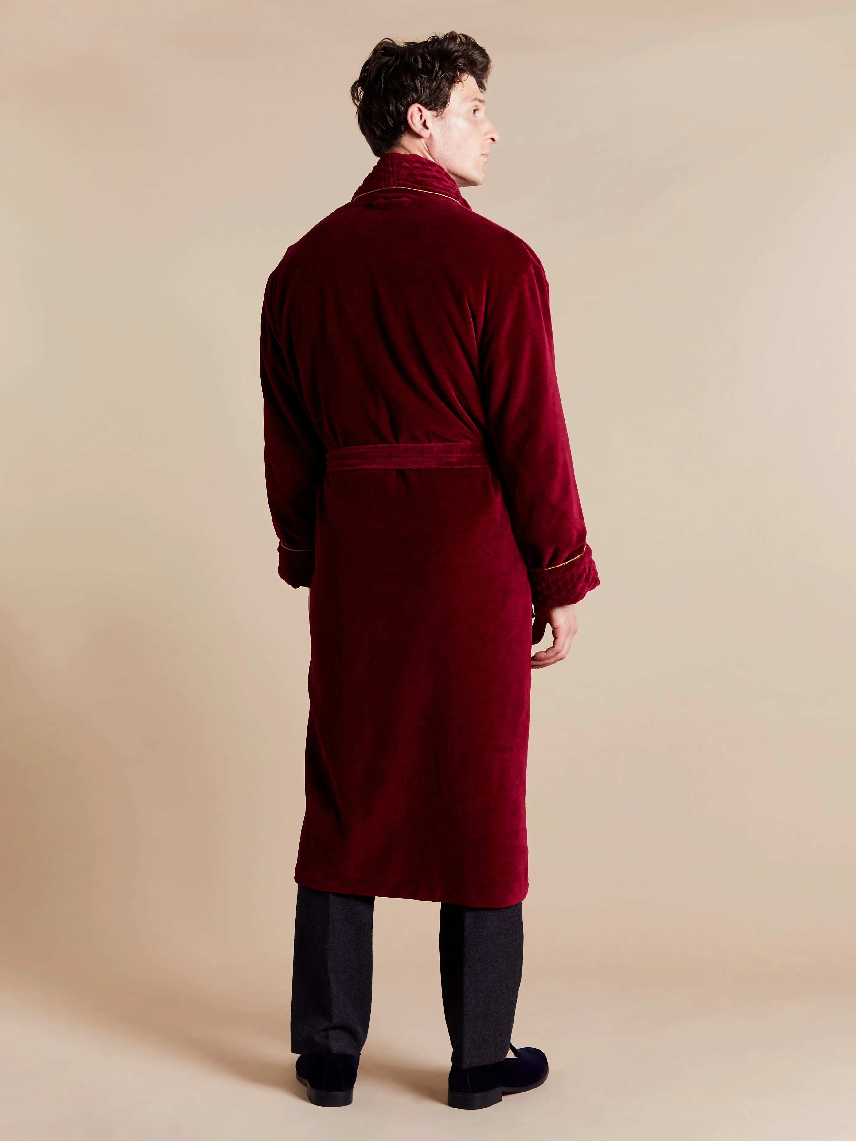 Donington Luxury Cotton Long Velvet Smoking Jacket in Burgundy