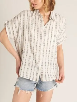 Dudette Short Sleeve Button Up T-Shirt in Off White/Black