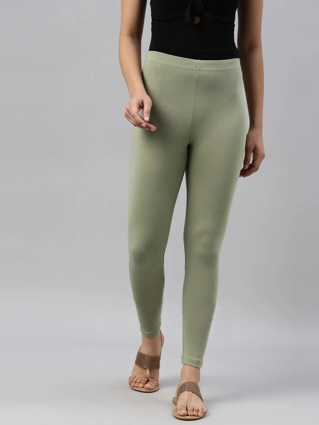 Dusty Green Cotton Stretch Ankle Length Leggings