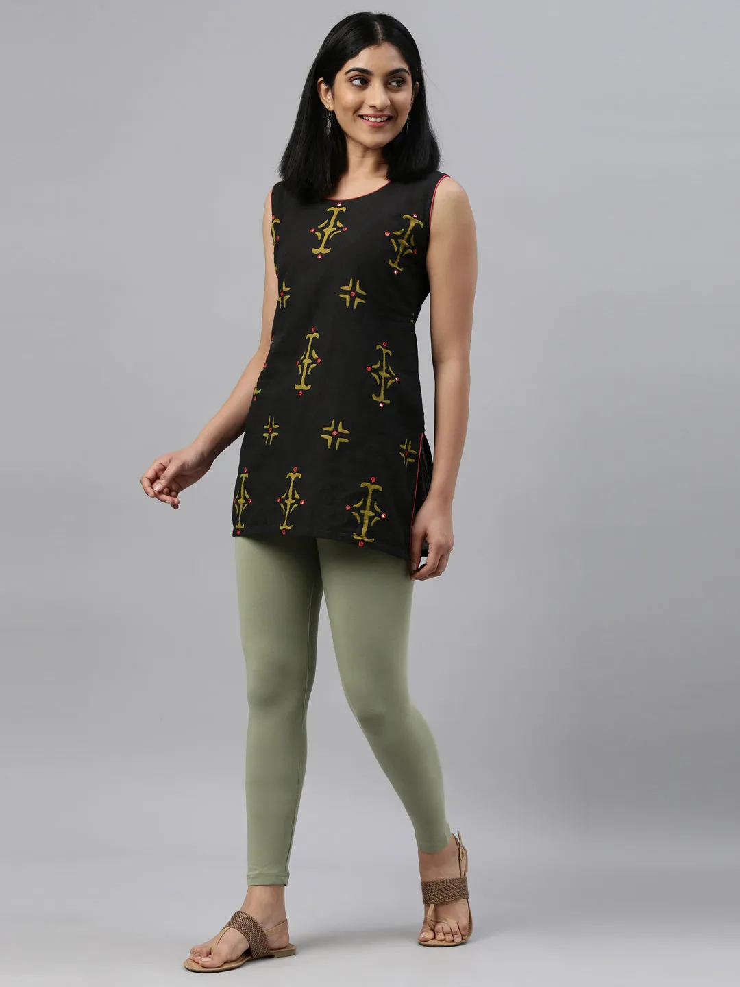 Dusty Green Cotton Stretch Ankle Length Leggings