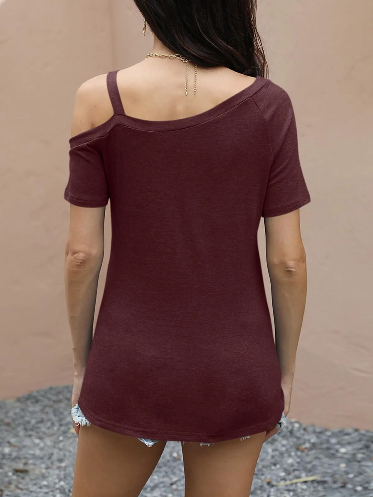 EasyGala Womens Off Shoulder Tops Summer Asymmetrical Shirts Short Sleeve Button Ruched Blouses 2024 Burgundy