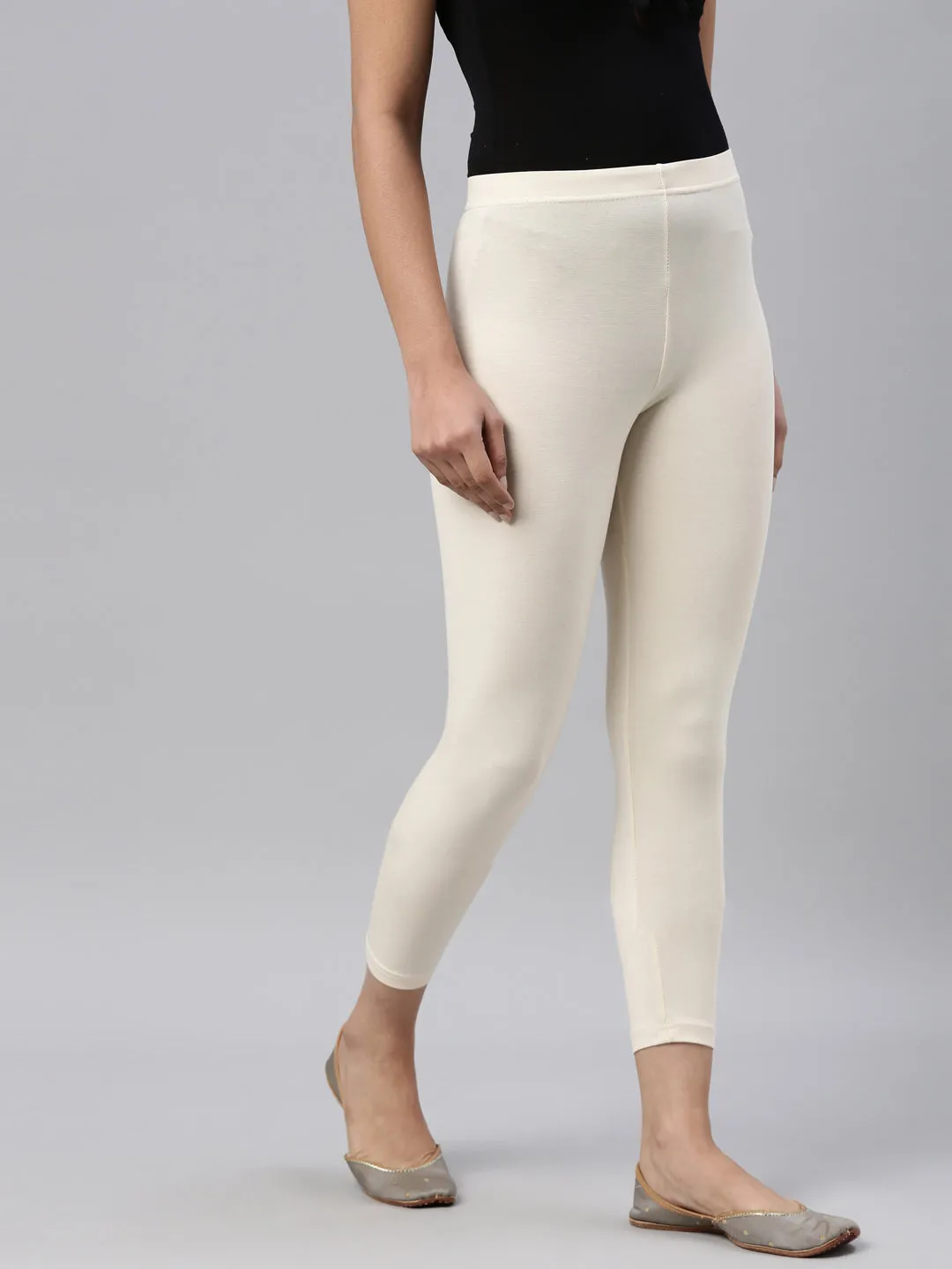 Ecru Cotton Stretch Cropped Leggings