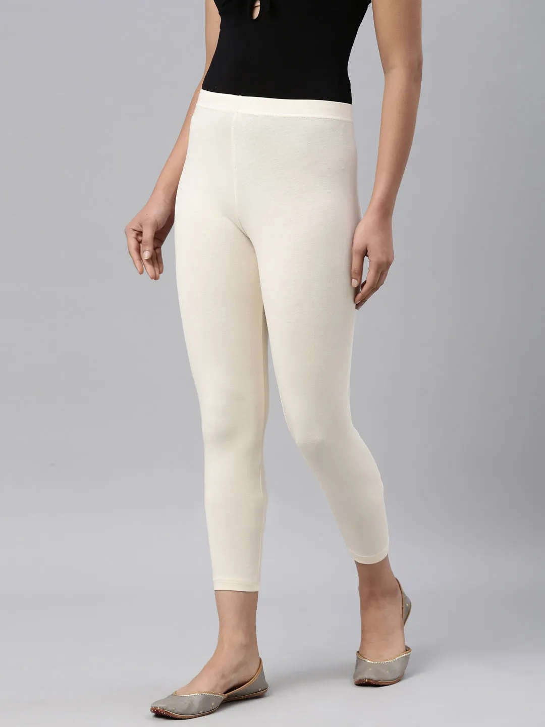 Ecru Cotton Stretch Cropped Leggings