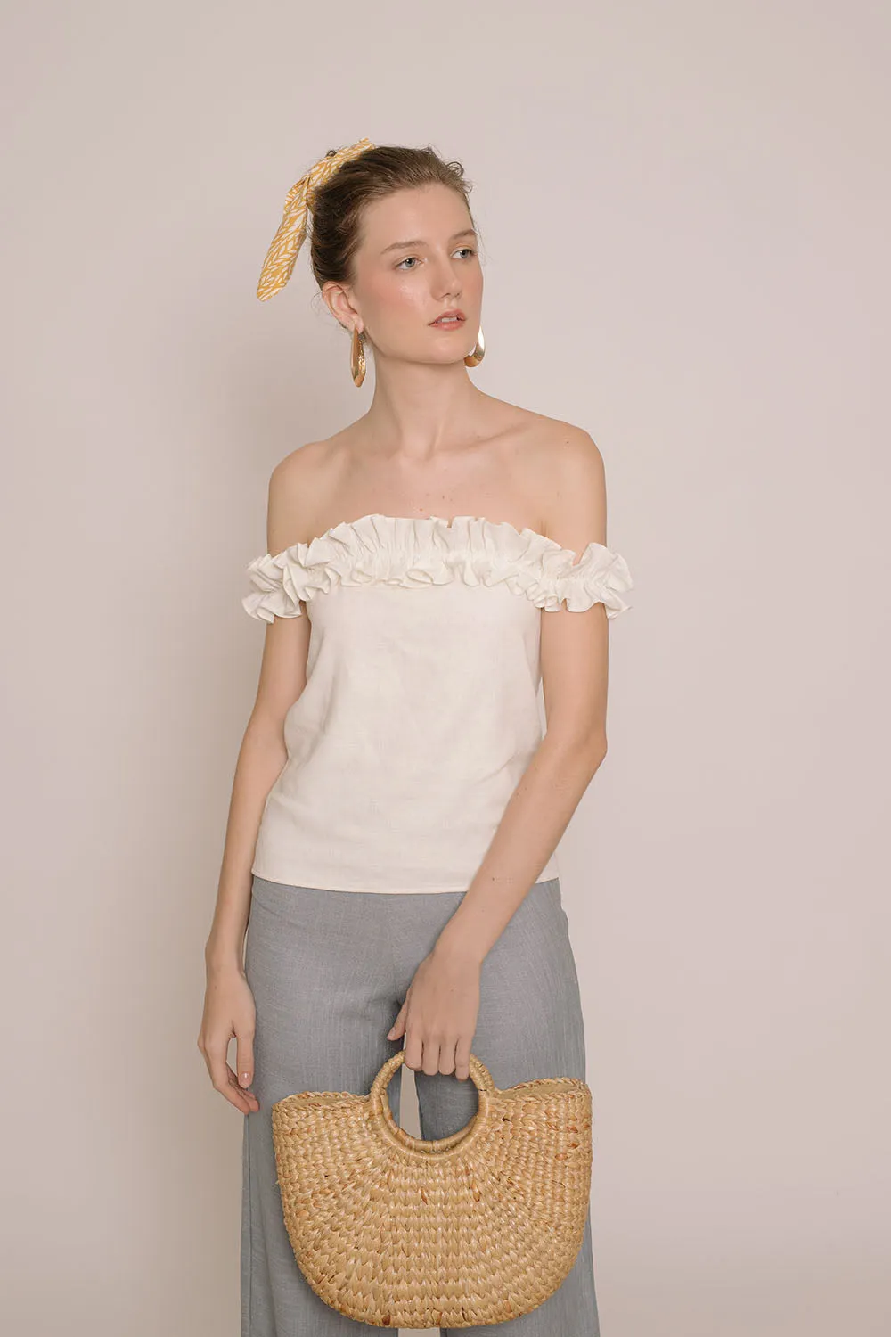 ELSA Ruffled Off Shoulder Top (White Linen)