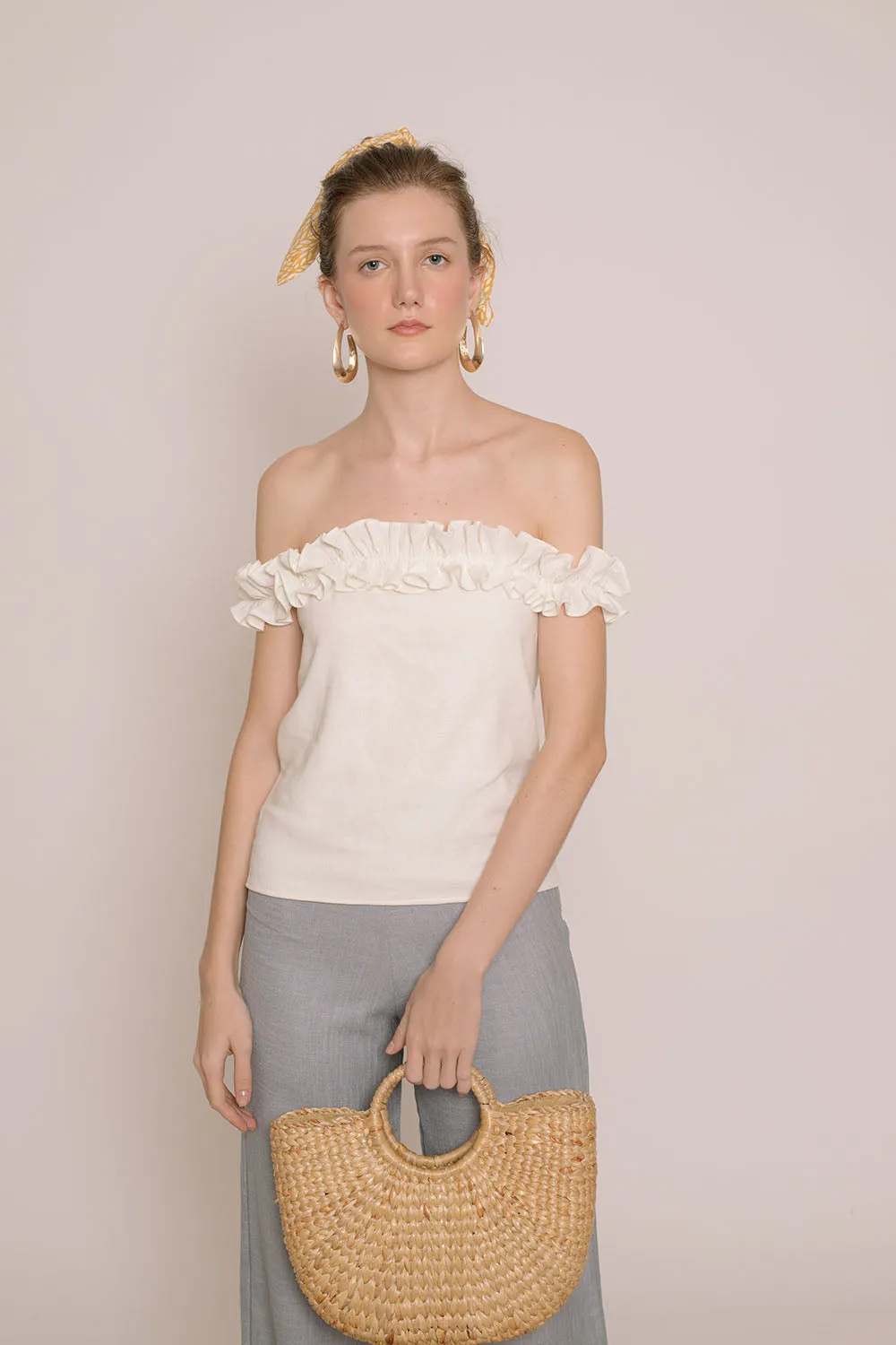 ELSA Ruffled Off Shoulder Top (White Linen)