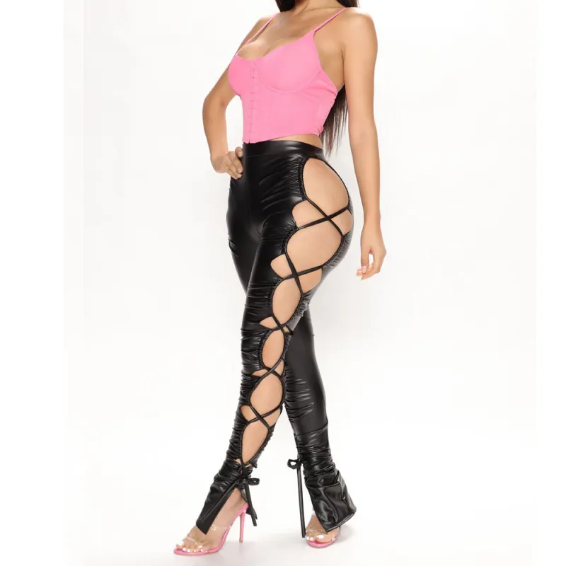 Eruption High-Waisted Faux Leather Lace-Up Cutout Leggings