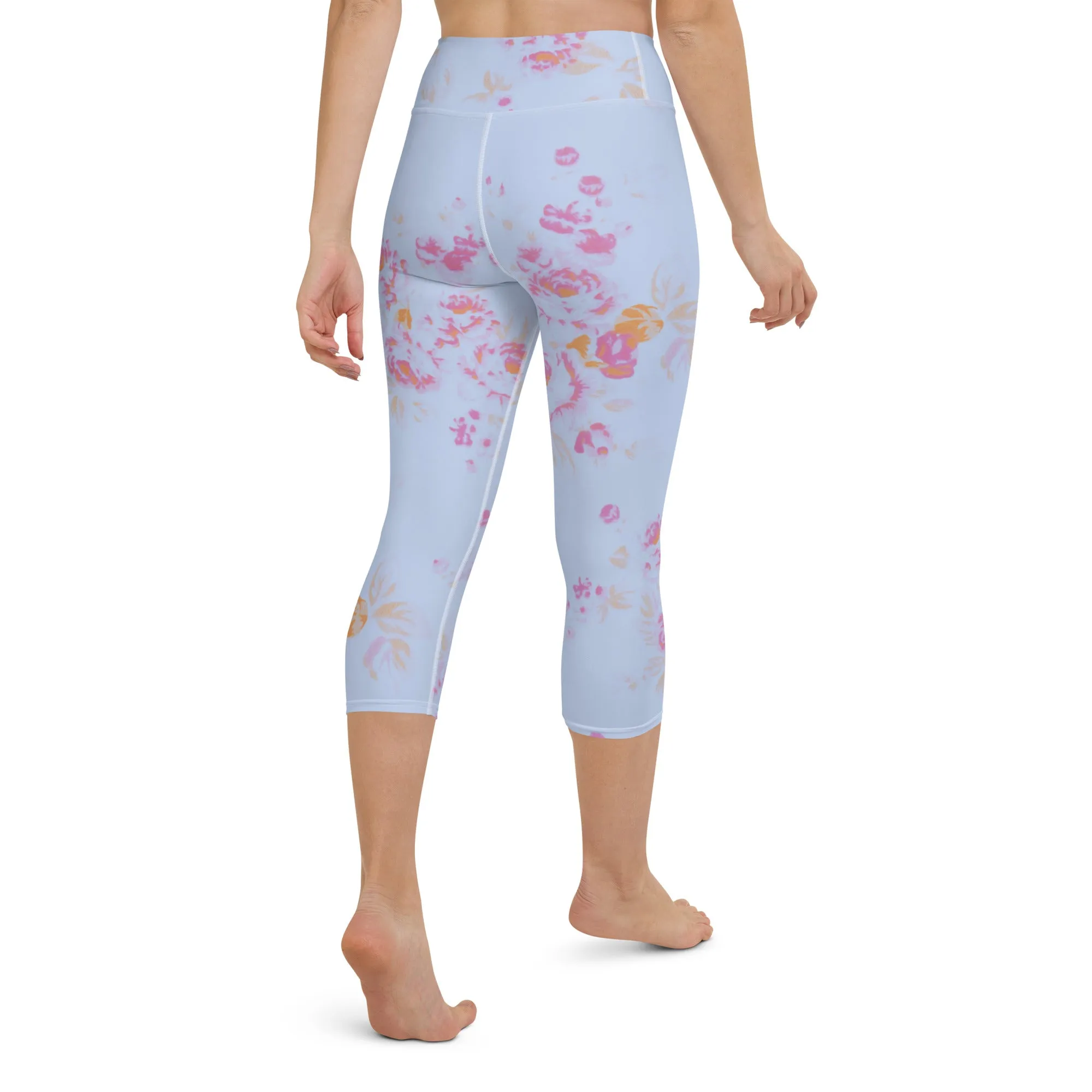 Faded pink roses yoga capri leggings