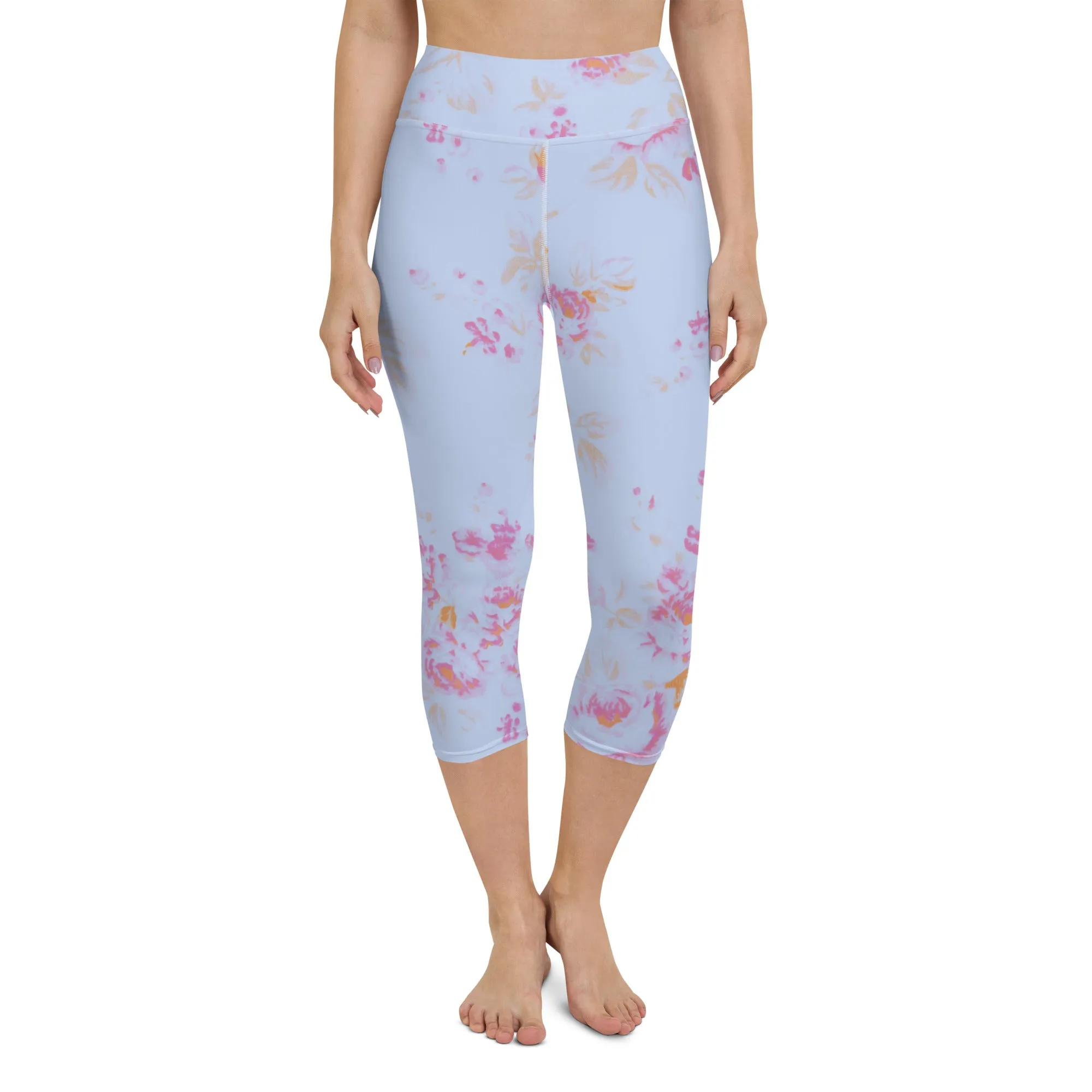 Faded pink roses yoga capri leggings