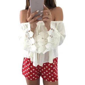 Feitong Women Casual Boho Lace Off Shoulder Shirt Crop Tank Tops Blouse Shirts White Blouse