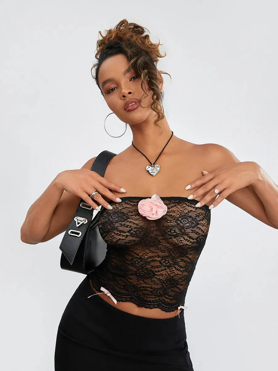 Floral Mesh See-through Strapless 3D Flower Bandeau
