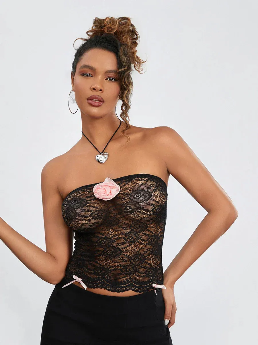 Floral Mesh See-through Strapless 3D Flower Bandeau