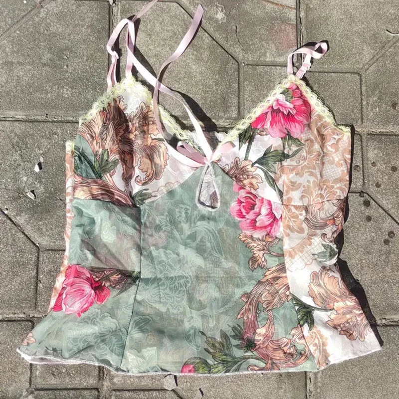 Floral Print Lace Tie-Up Sheer Crop Top