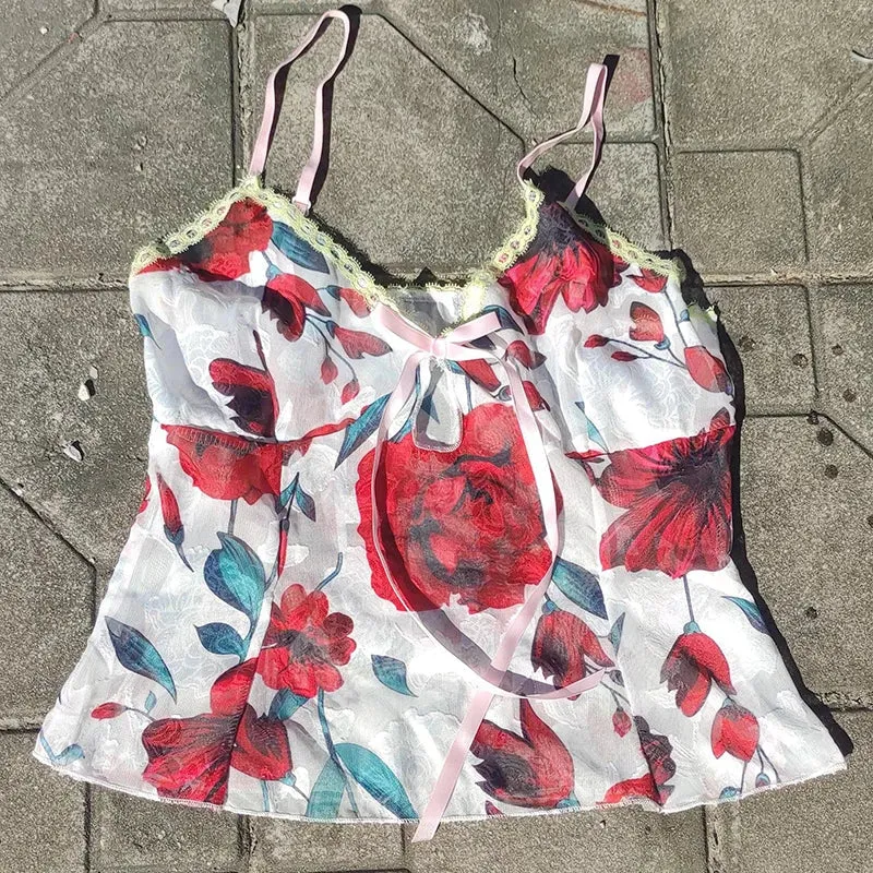 Floral Print Lace Tie-Up Sheer Crop Top