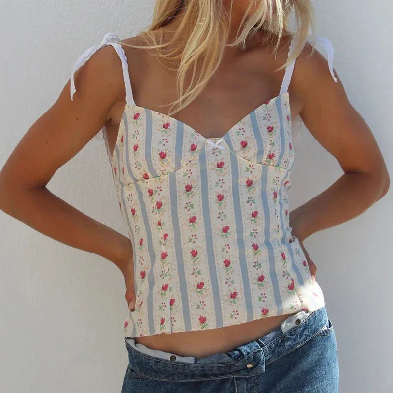Floral Print Tie-Up Backless Fairycore Crop Top