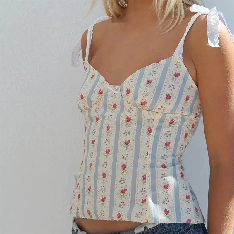 Floral Print Tie-Up Backless Fairycore Crop Top