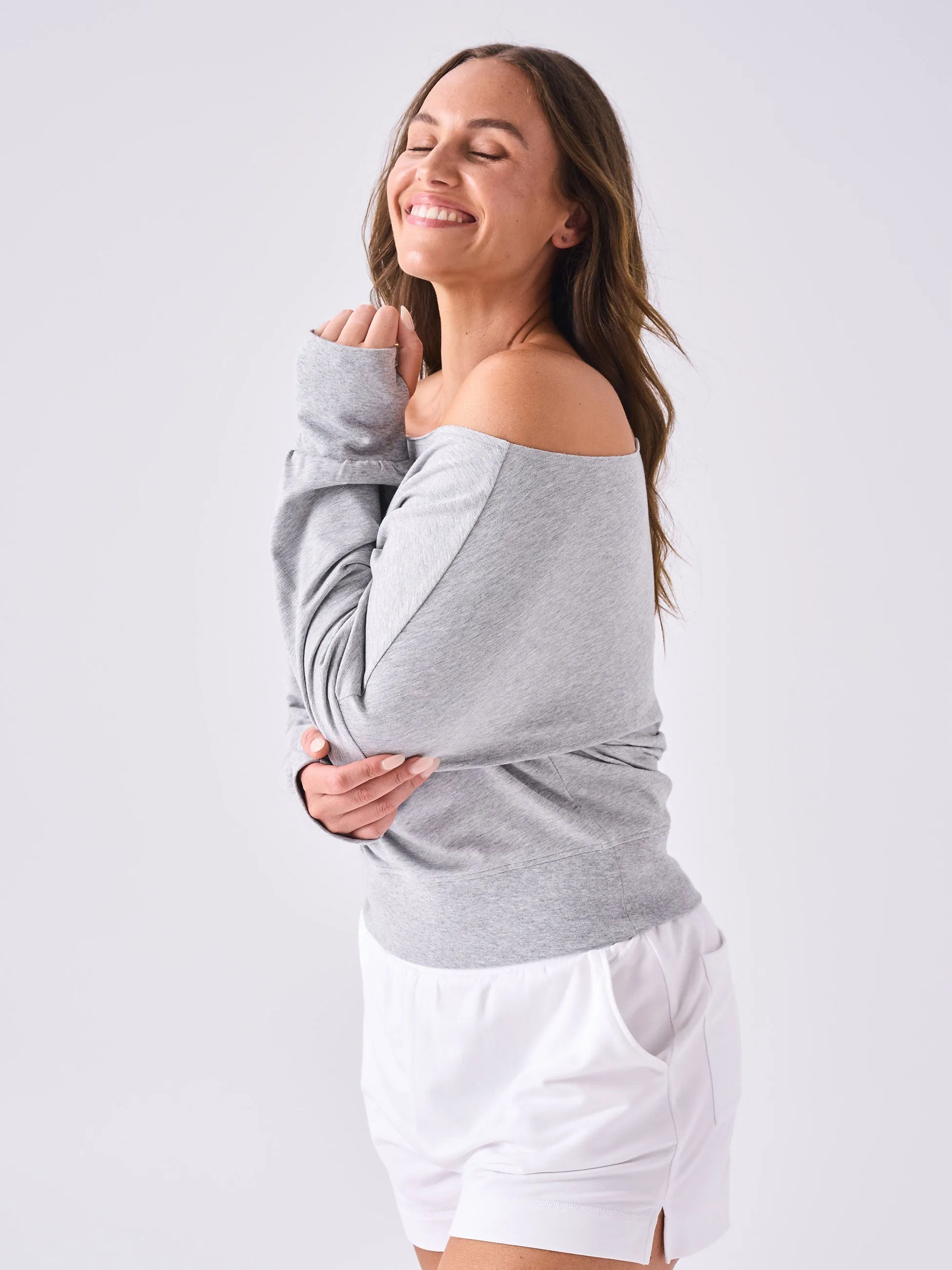 French Terry Off Shoulder Sweatshirt  - Melange Grey