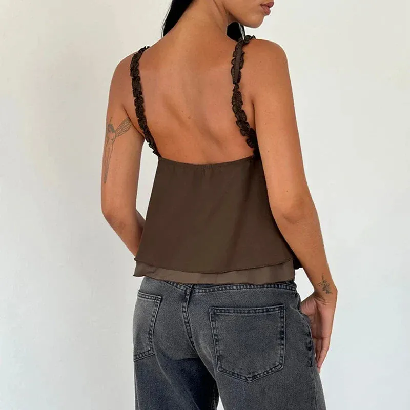 Frill Spaghetti Strap Chiffon Ruffled Crop Top