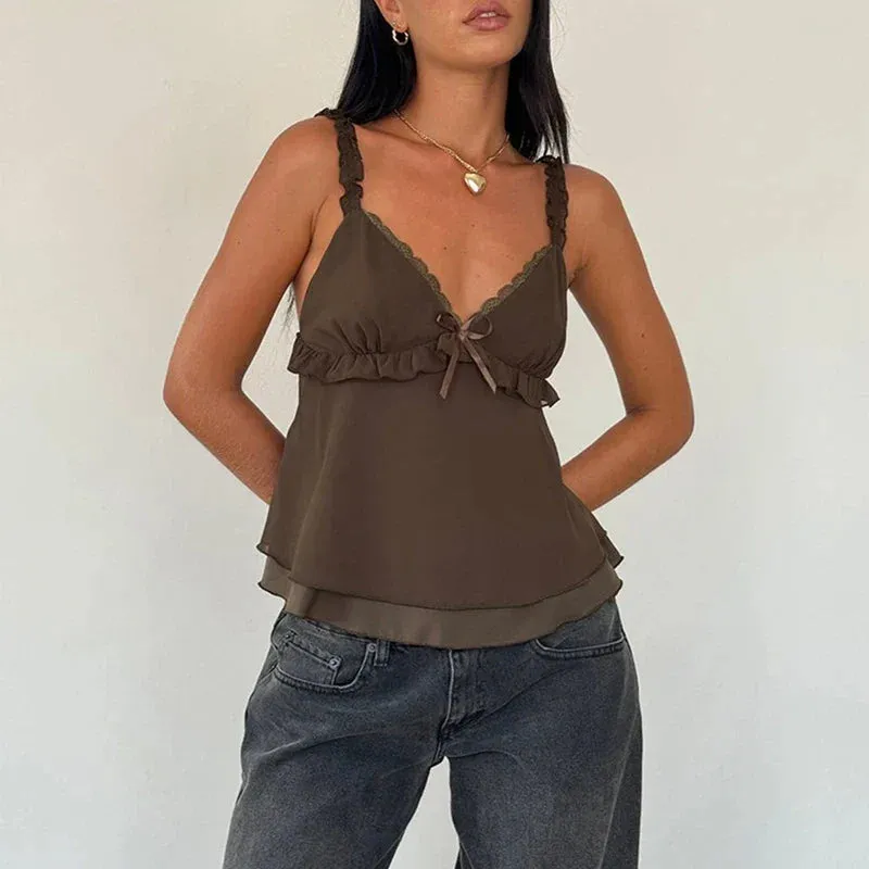 Frill Spaghetti Strap Chiffon Ruffled Crop Top