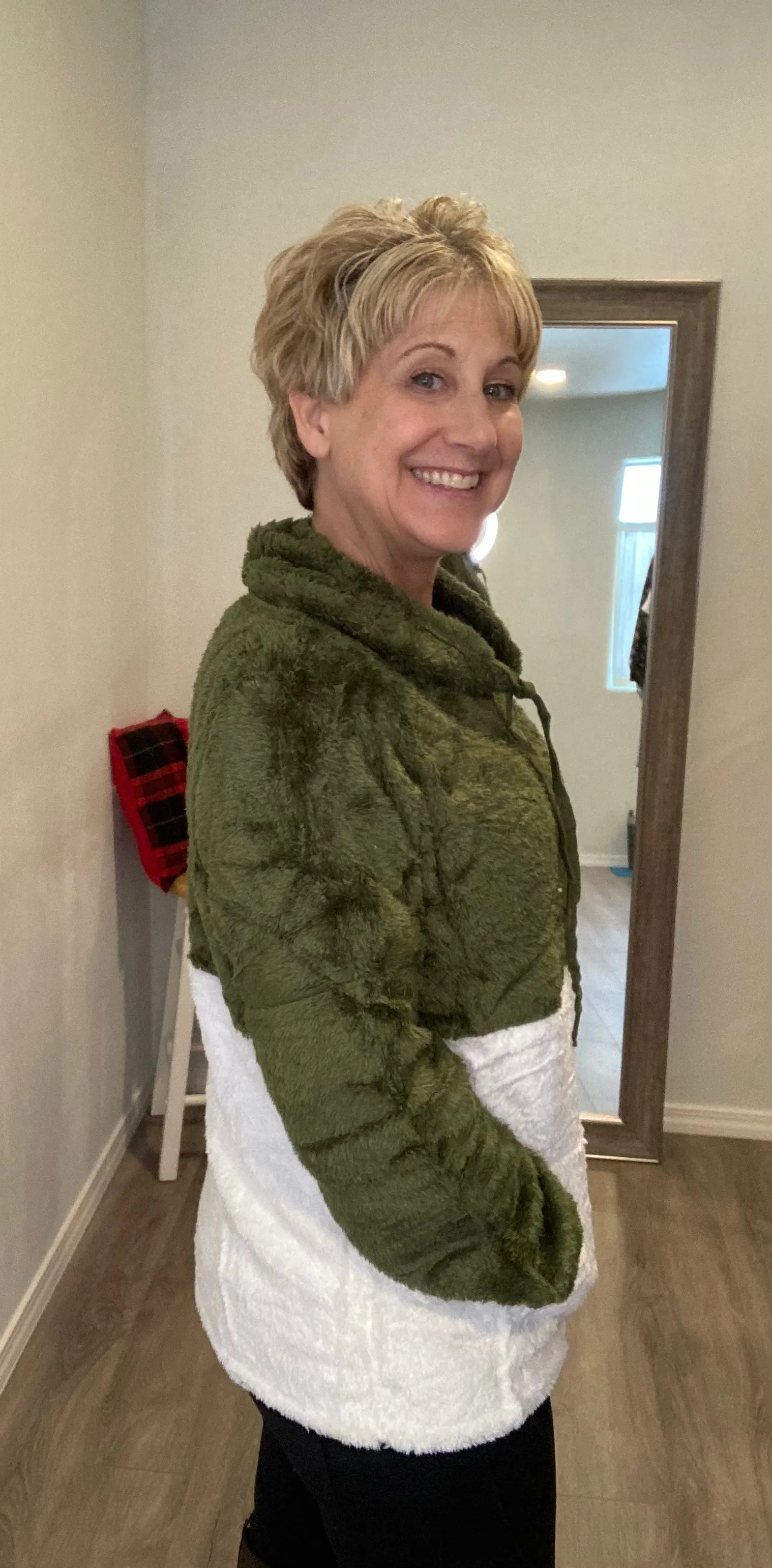Fuzzy Fleece Pullover - Olive Green and Ivory Colorblock