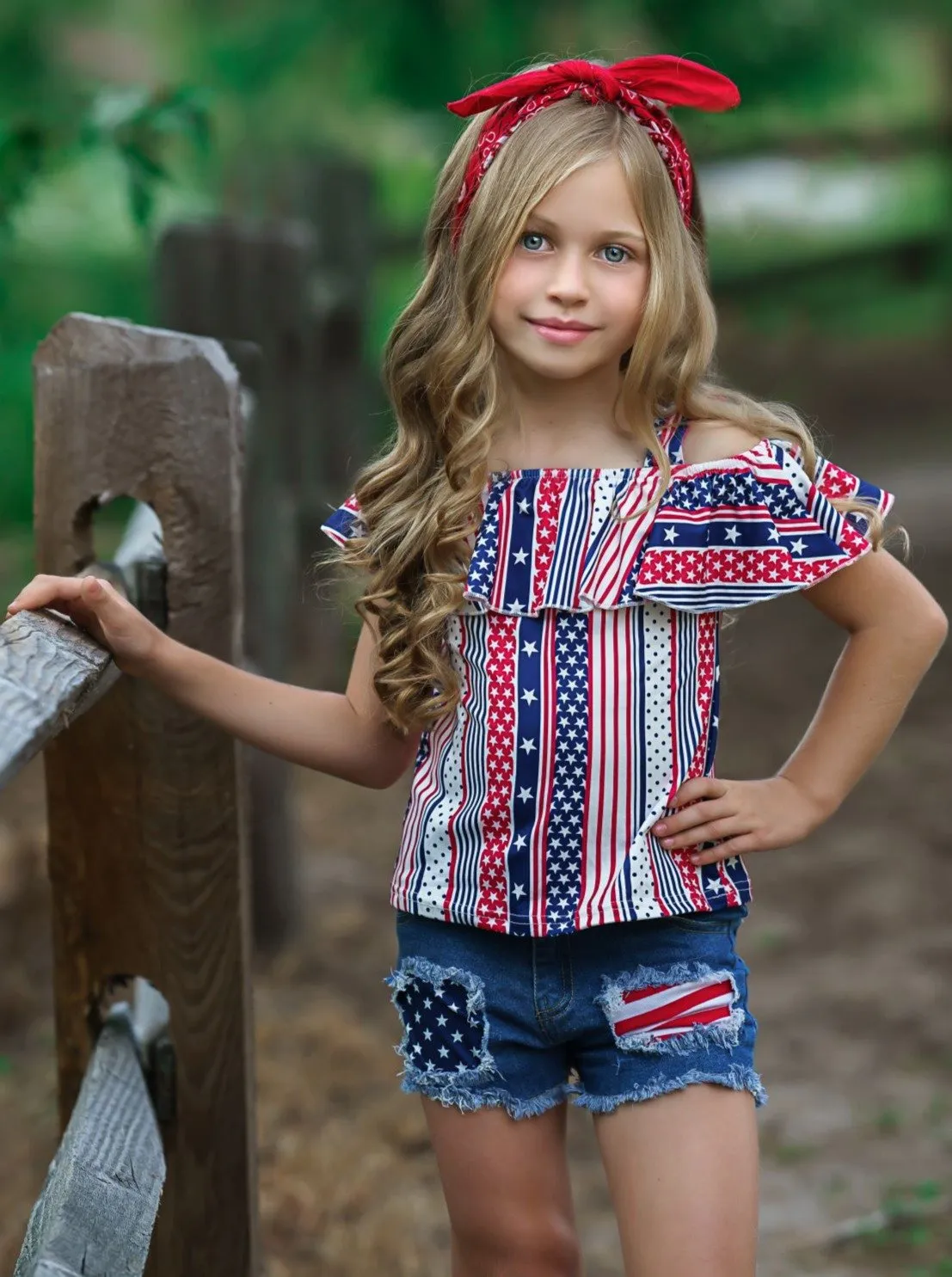 Girls Patriotic Cold Shoulder Ruffled Top and Patched Denim Shorts Set