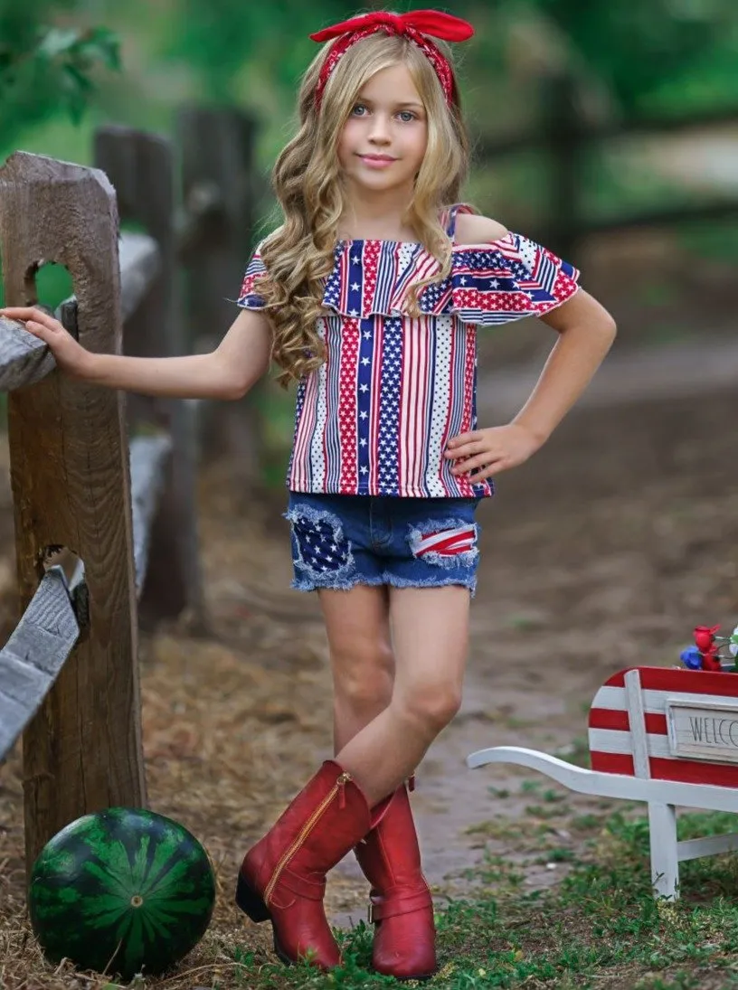 Girls Patriotic Cold Shoulder Ruffled Top and Patched Denim Shorts Set