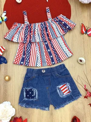 Girls Patriotic Cold Shoulder Ruffled Top and Patched Denim Shorts Set