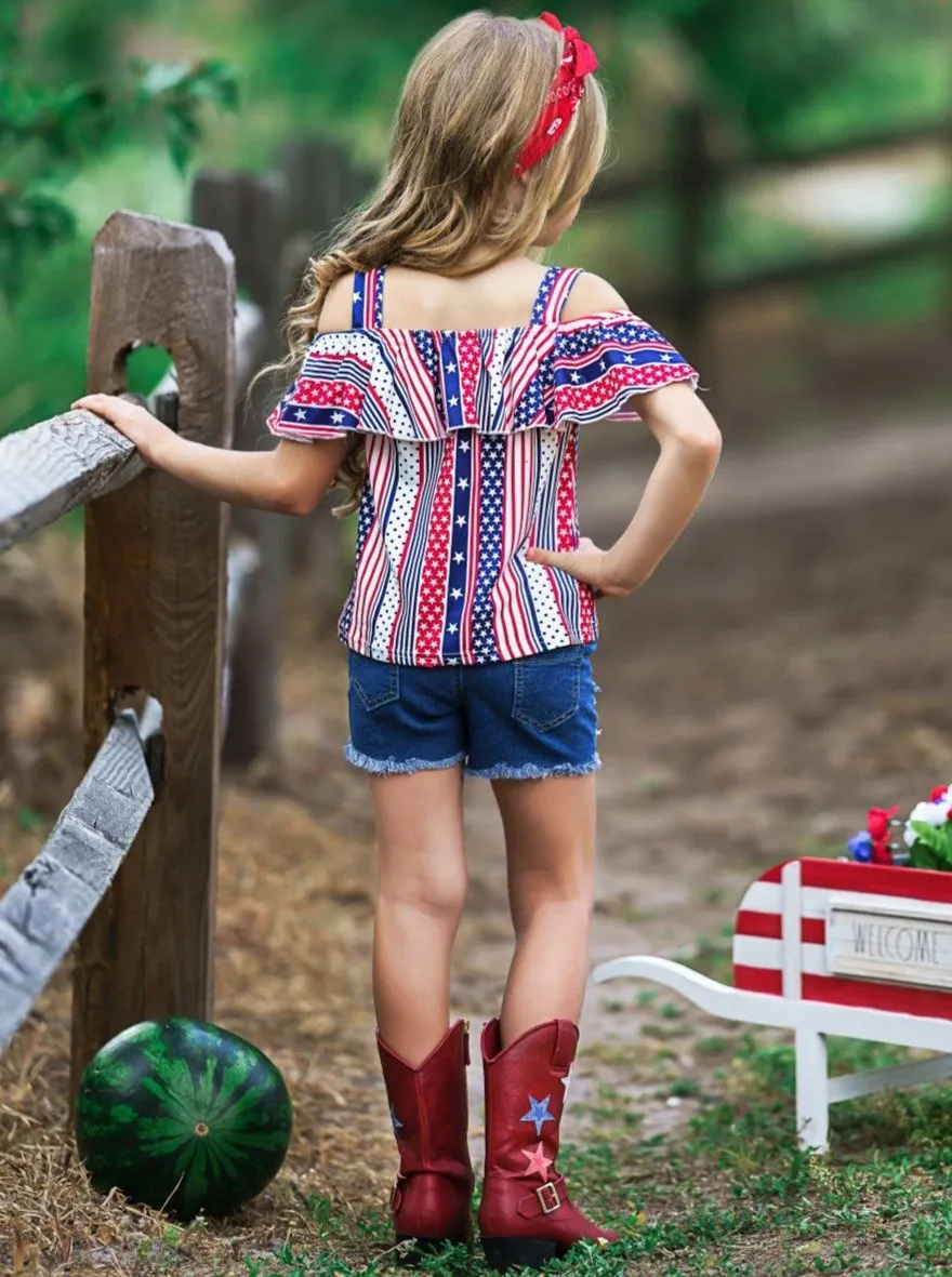 Girls Patriotic Cold Shoulder Ruffled Top and Patched Denim Shorts Set