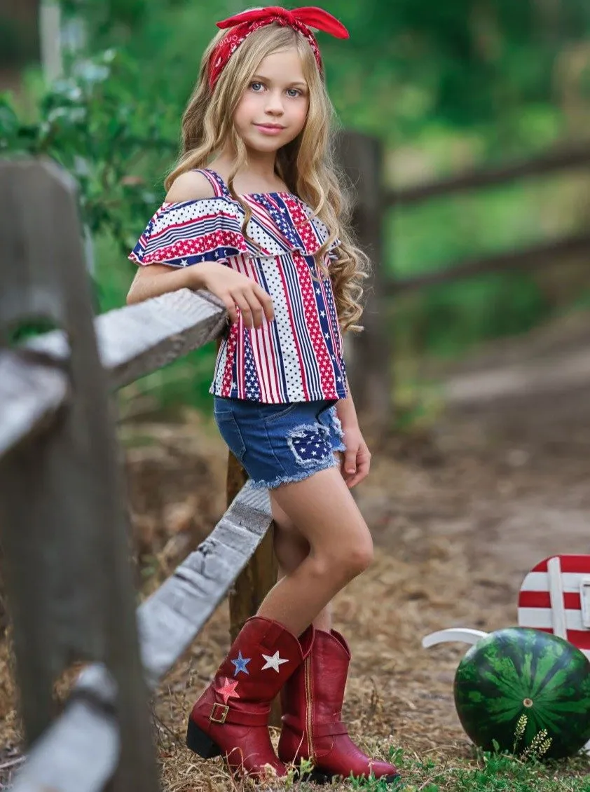 Girls Patriotic Cold Shoulder Ruffled Top and Patched Denim Shorts Set